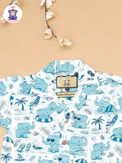 Blue - Boys Elephant Printed Spread Collor Shirts & Shorts