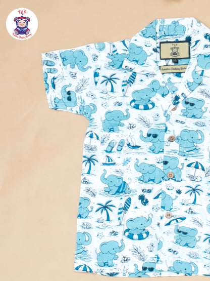 Blue - Boys Elephant Printed Spread Collor Shirts & Shorts