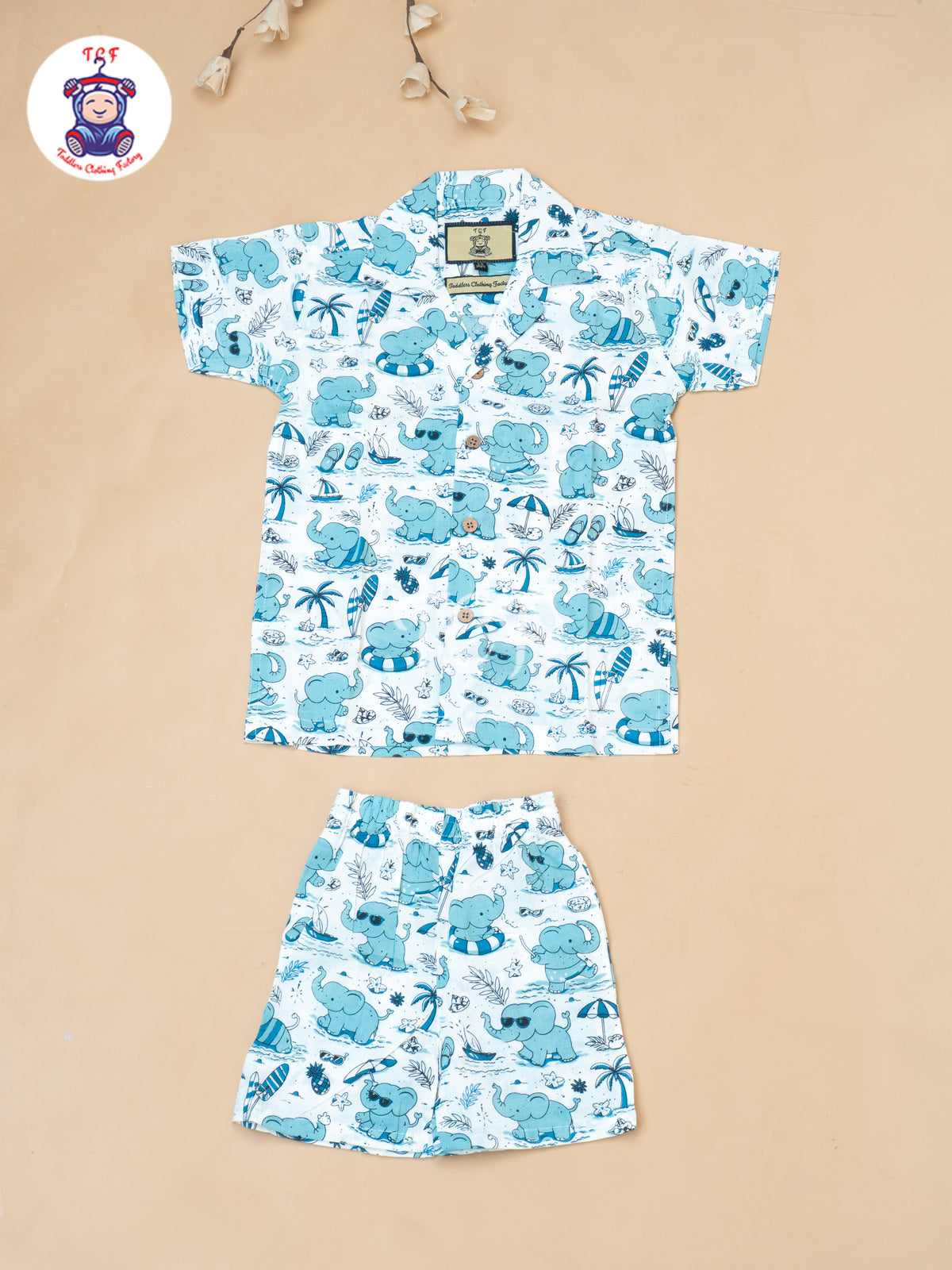 Blue - Boys Elephant Printed Spread Collor Shirts & Shorts