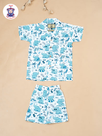Blue - Boys Elephant Printed Spread Collor Shirts & Shorts
