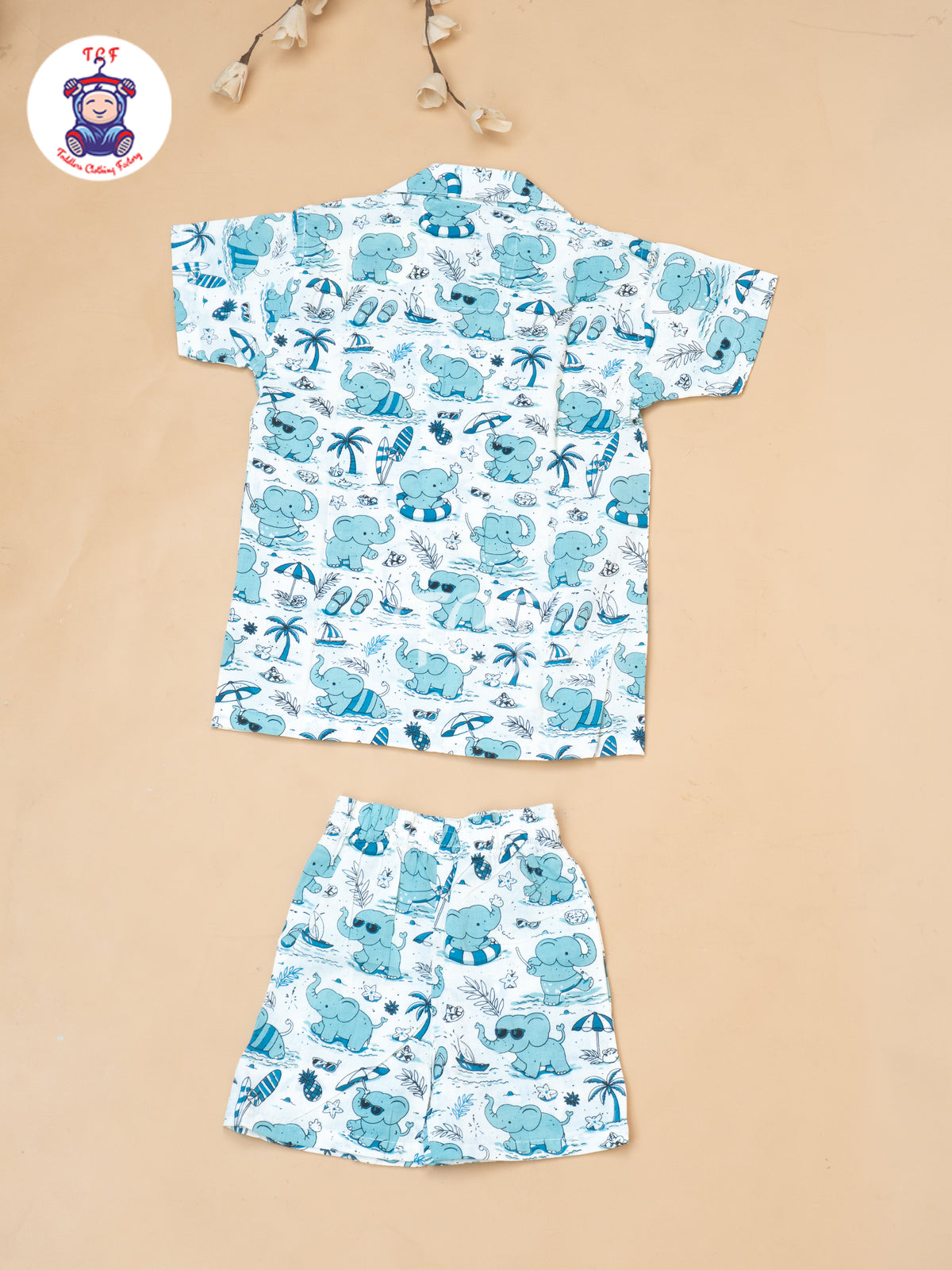 Blue - Boys Elephant Printed Spread Collor Shirts & Shorts