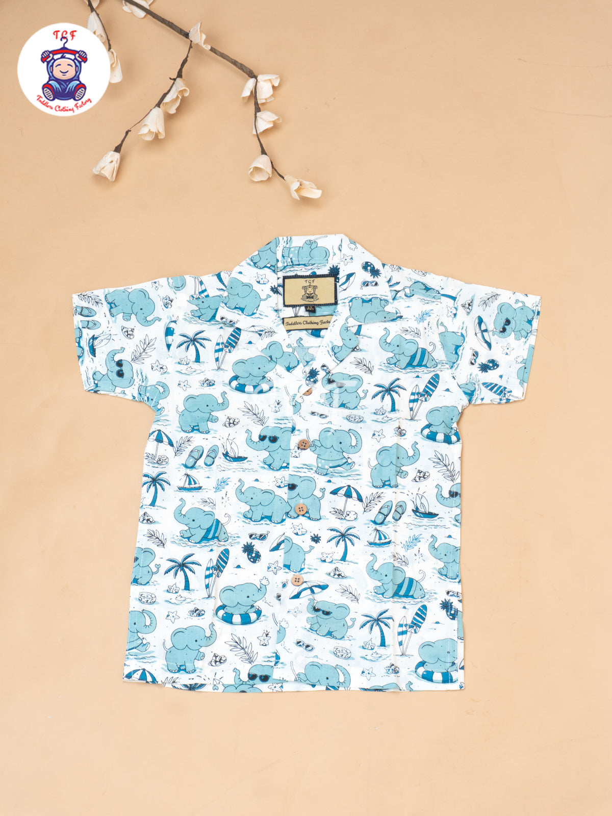 Blue - Boys Elephant Printed Spread Collor Shirts & Shorts