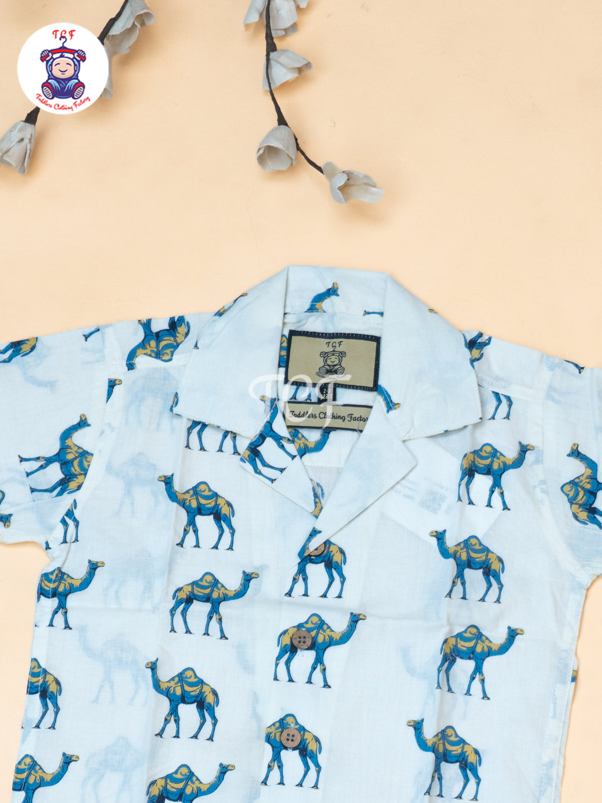 White - Boys Camel Printed Spread Collor Shirts & Shorts