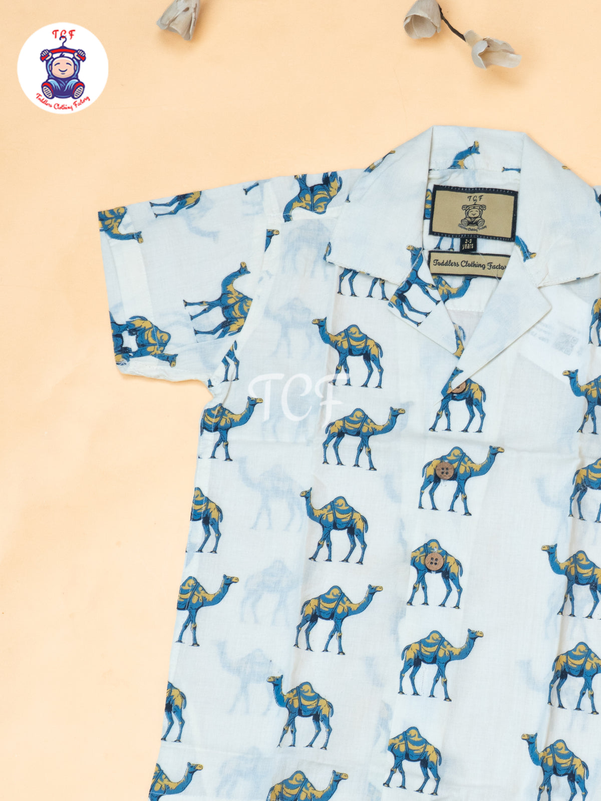 White - Boys Camel Printed Spread Collor Shirts & Shorts