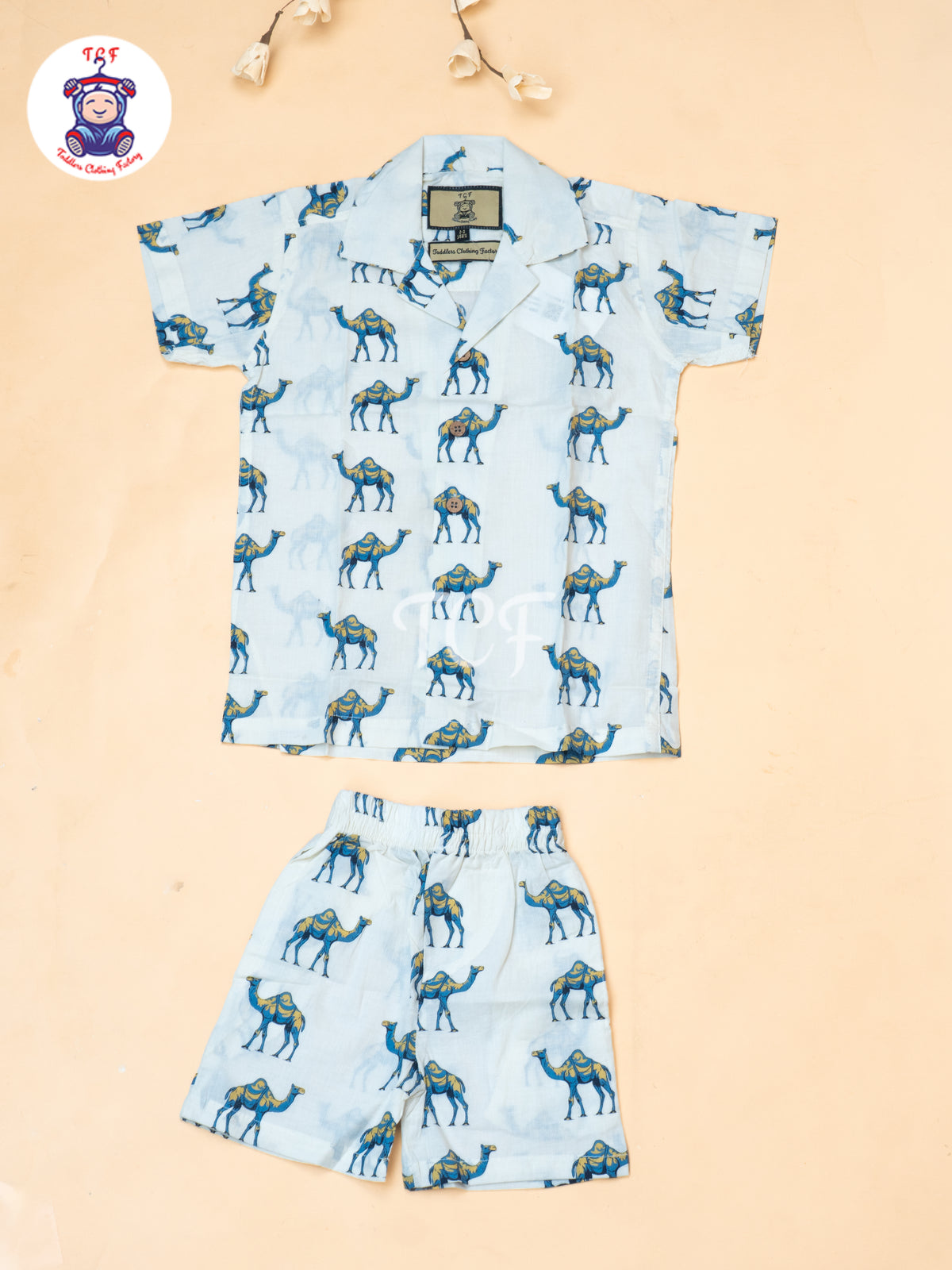 White - Boys Camel Printed Spread Collor Shirts & Shorts