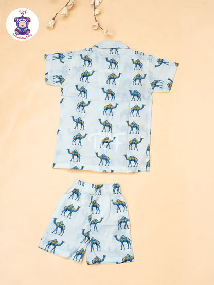 White - Boys Camel Printed Spread Collor Shirts & Shorts
