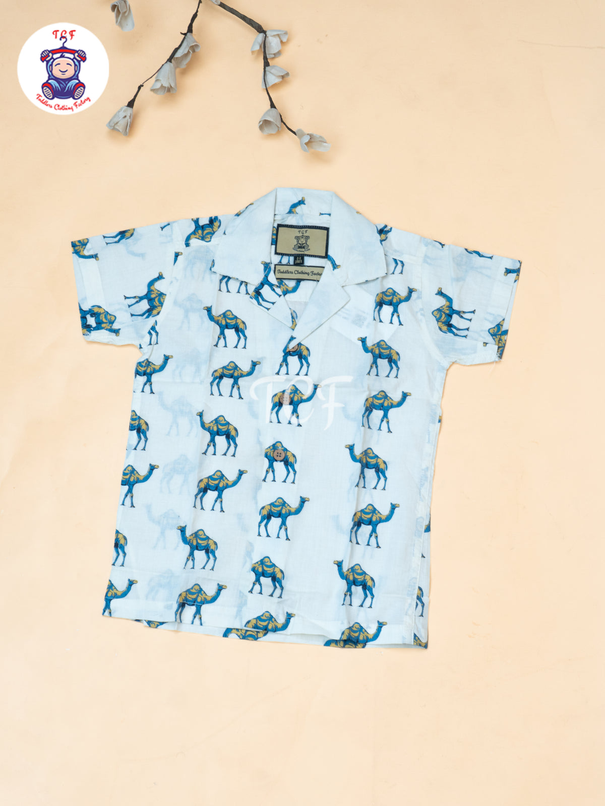 White - Boys Camel Printed Spread Collor Shirts & Shorts