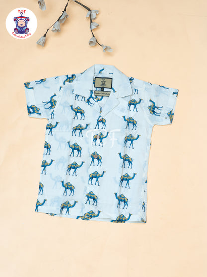 White - Boys Camel Printed Spread Collor Shirts & Shorts