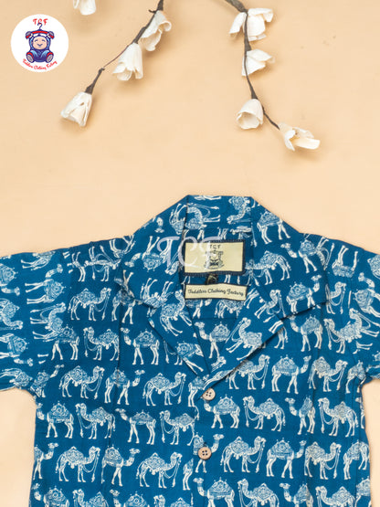 Blue - Boys Camel Printed Spread Collor Shirts & Shorts
