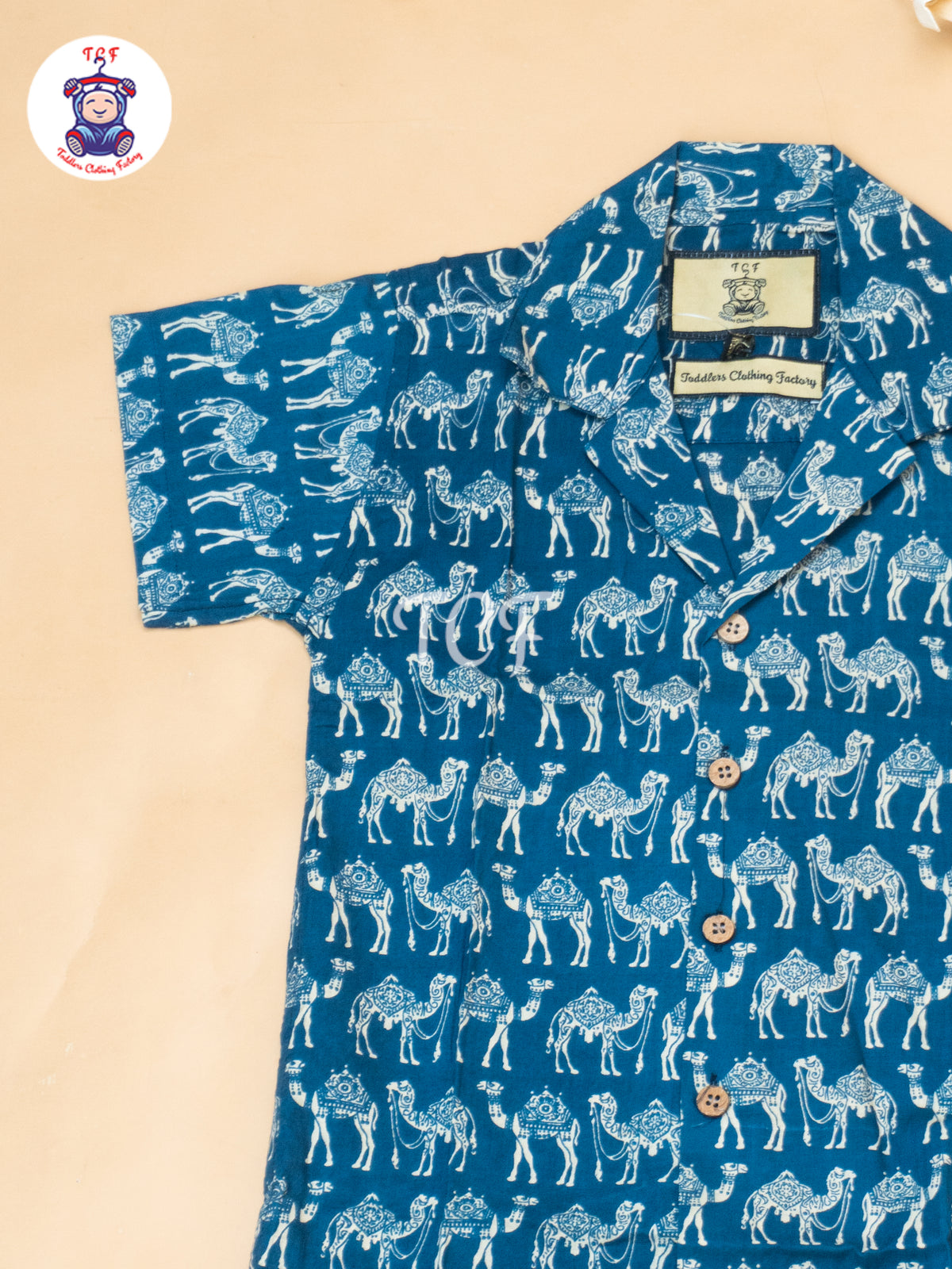 Blue - Boys Camel Printed Spread Collor Shirts & Shorts