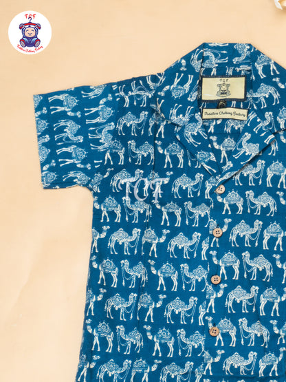 Blue - Boys Camel Printed Spread Collor Shirts & Shorts