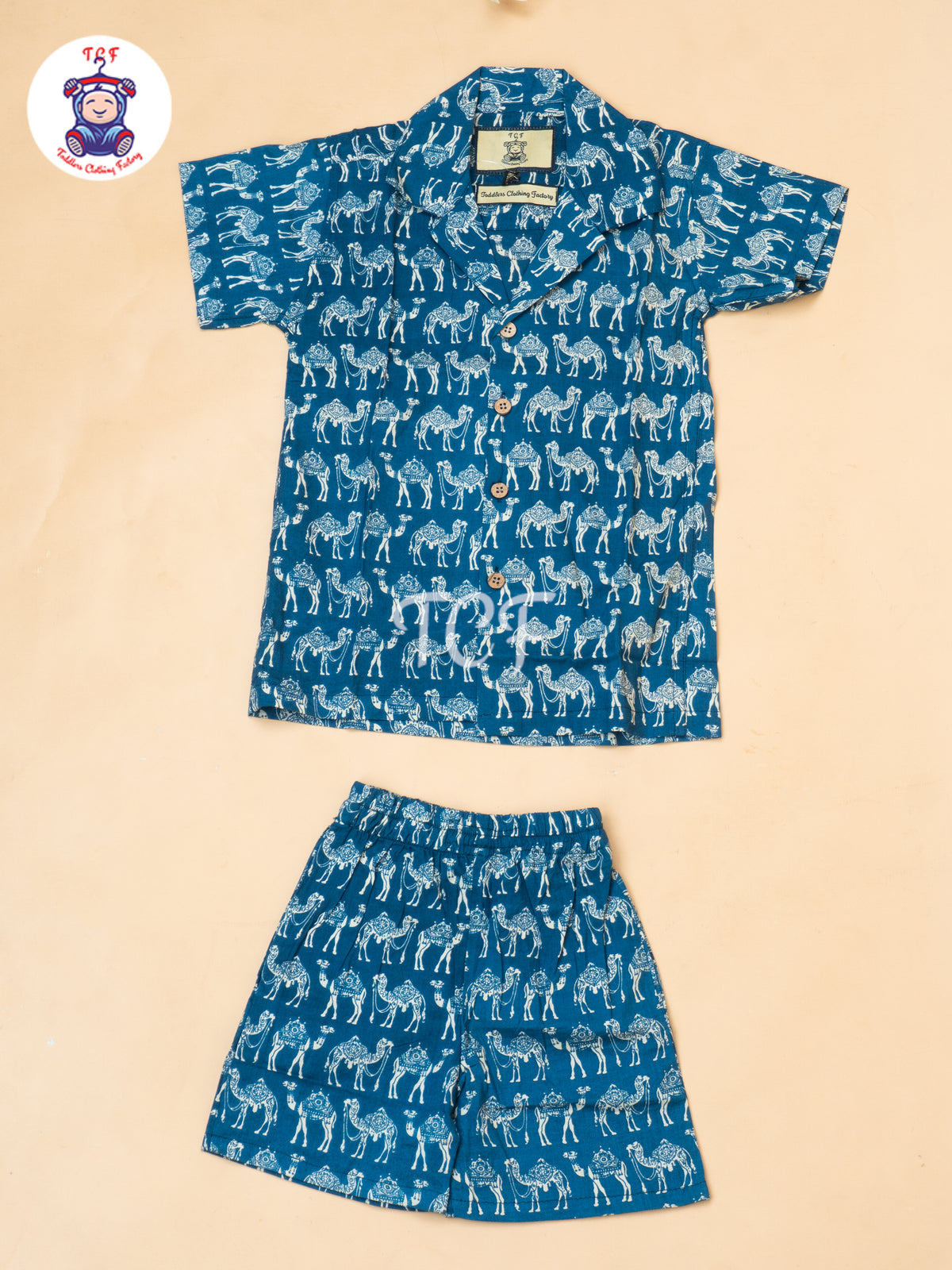Blue - Boys Camel Printed Spread Collor Shirts & Shorts