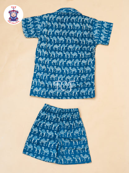 Blue - Boys Camel Printed Spread Collor Shirts & Shorts
