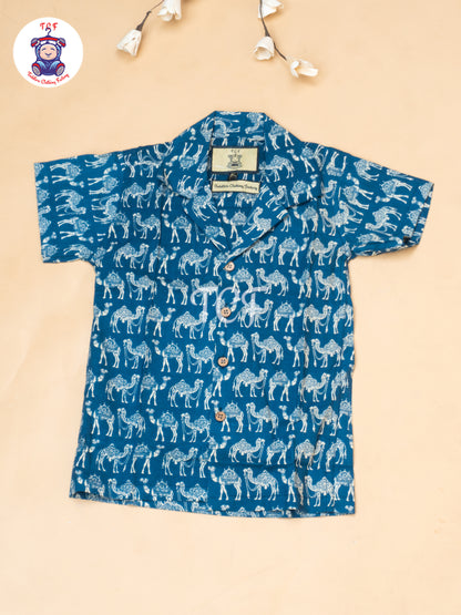 Blue - Boys Camel Printed Spread Collor Shirts & Shorts