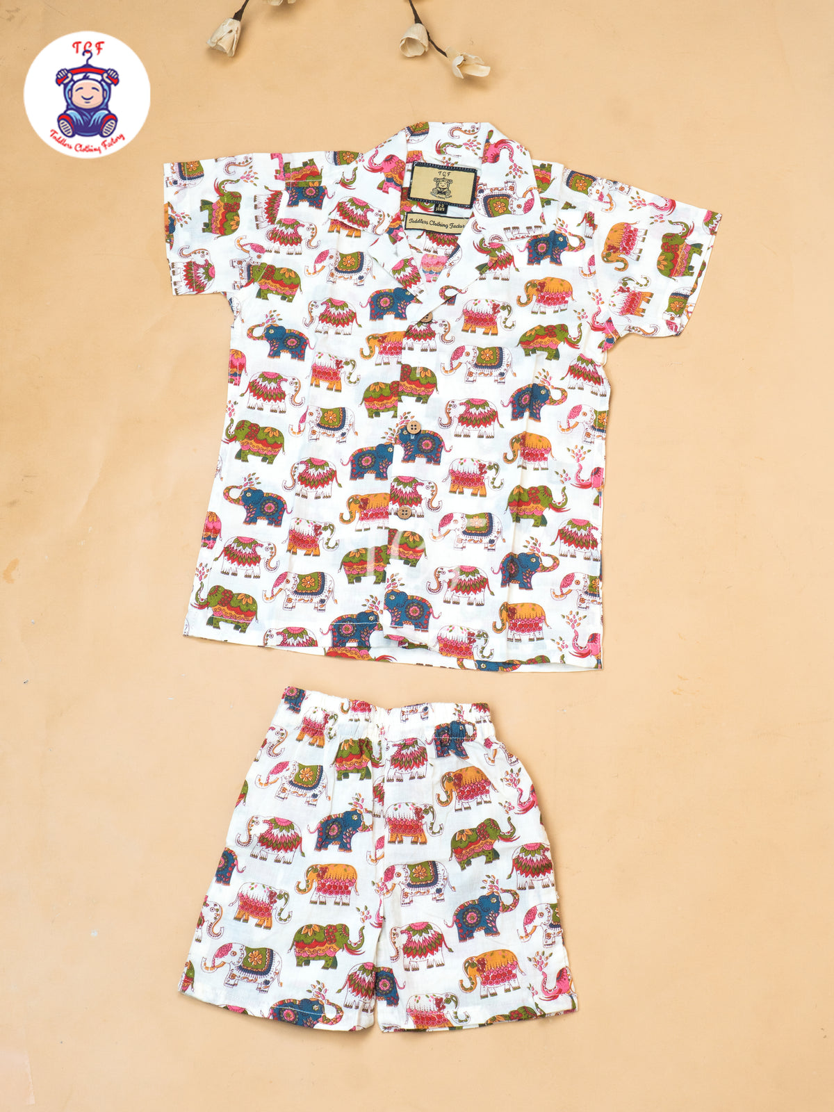Red - Boys Elephant Printed Spread Collor Shirts & Shorts