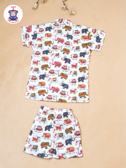 Red - Boys Elephant Printed Spread Collor Shirts & Shorts
