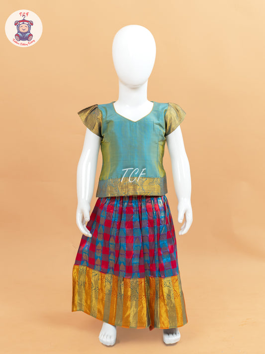 Blue and Red - Pure Pattu Pavadai Set
