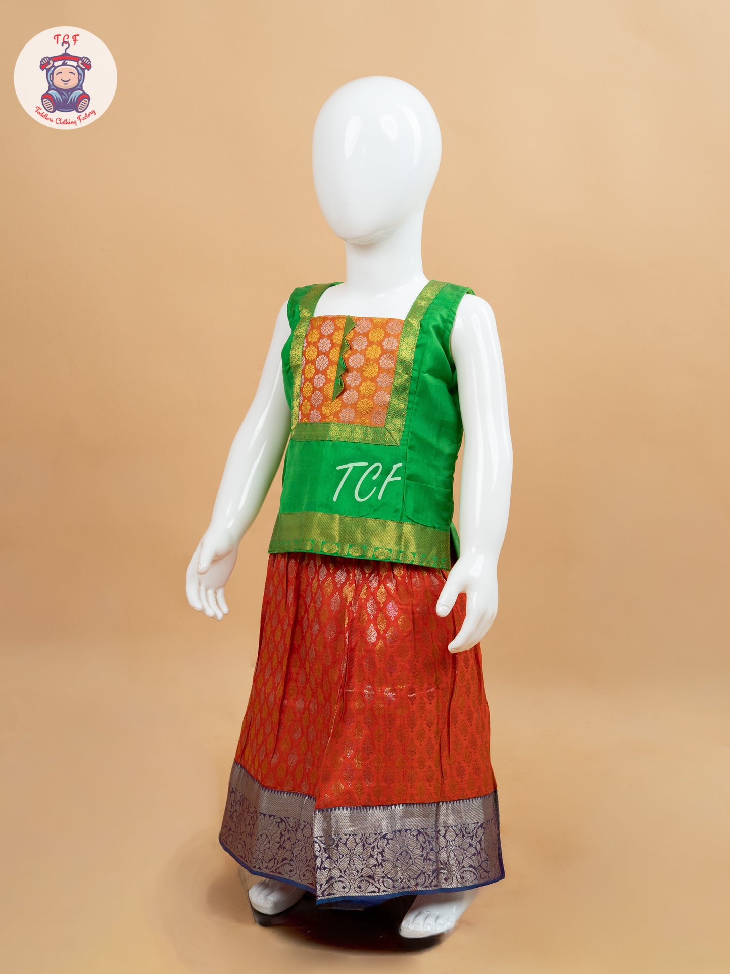 Green & Orange - Pure Pattu Pavadai Set