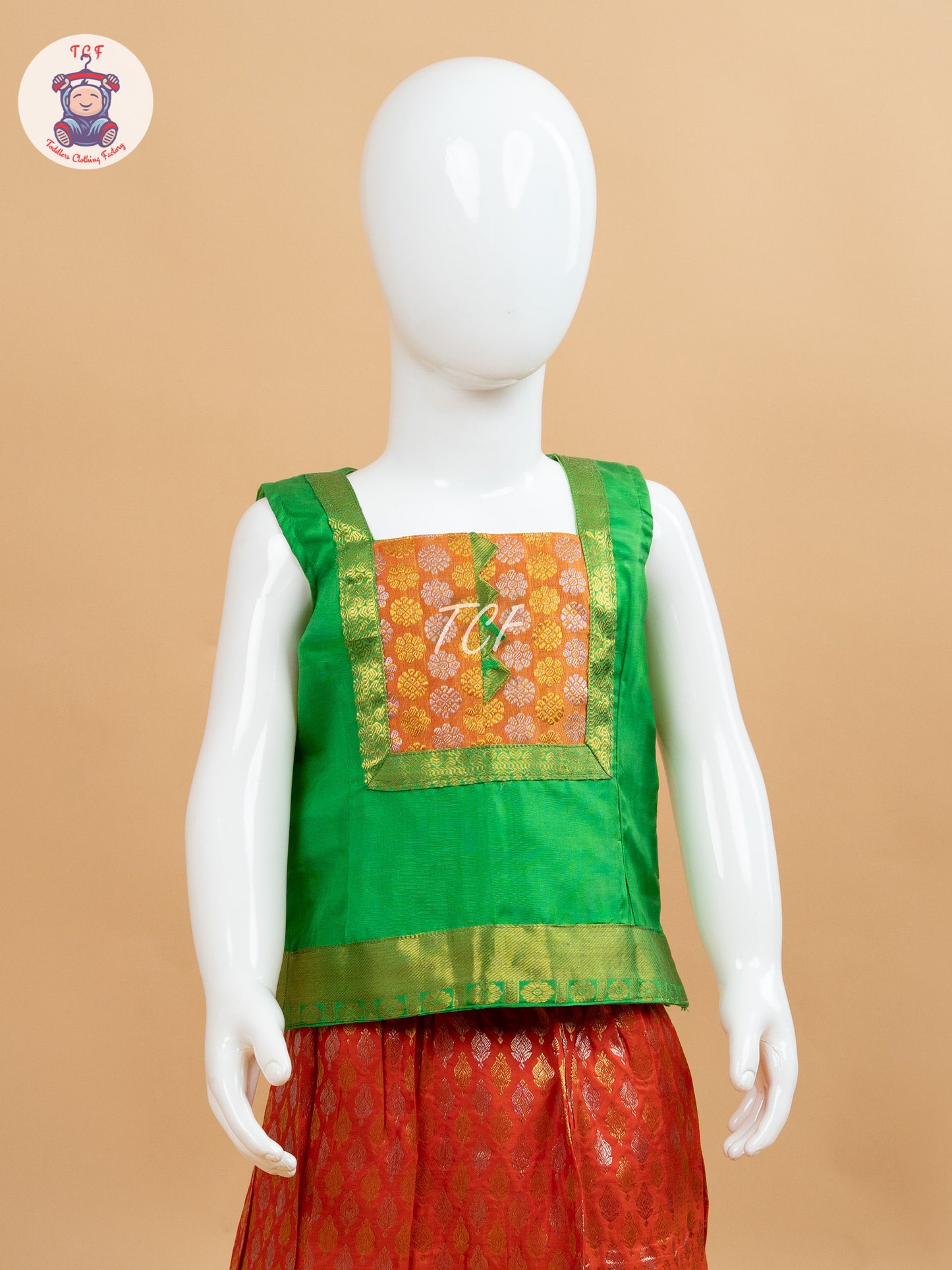 Green & Orange - Pure Pattu Pavadai Set