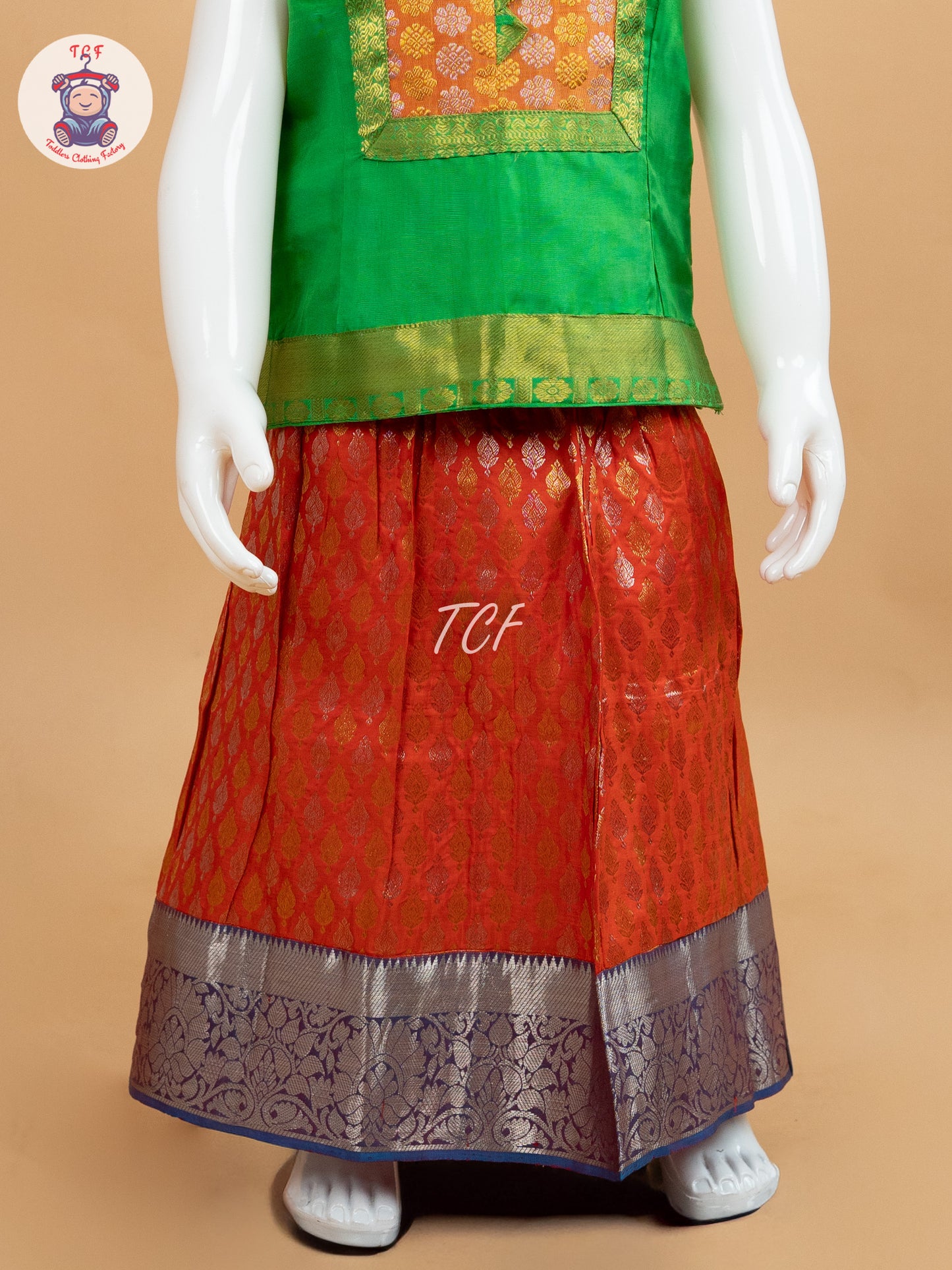 Green & Orange - Pure Pattu Pavadai Set