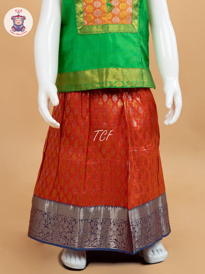 Green & Orange - Pure Pattu Pavadai Set