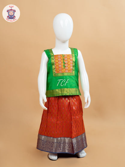 Green & Orange - Pure Pattu Pavadai Set