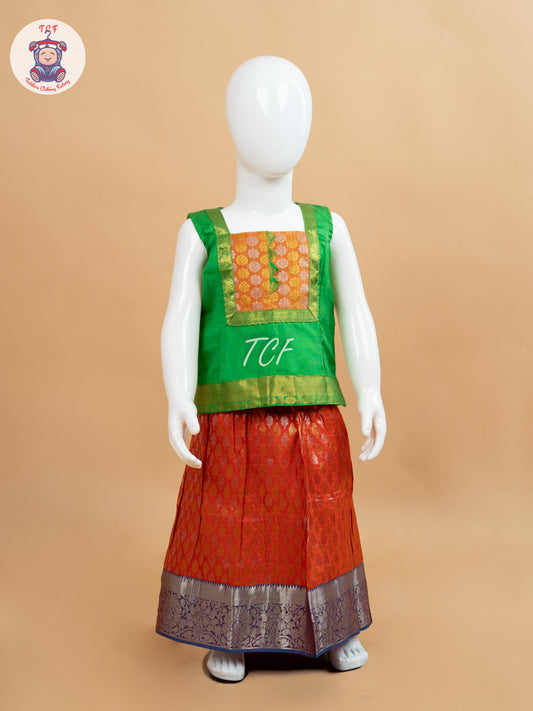 Green & Orange - Pure Pattu Pavadai Set