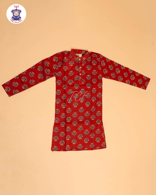 Red - Boys Printed Long  Kurta