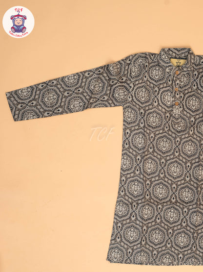 Grey & Black - Boys Printed Long  Kurta