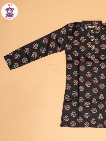 Black - Boys Printed Long  Kurta