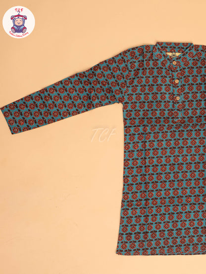 Blue & Brown - Boys Printed Long  Kurta