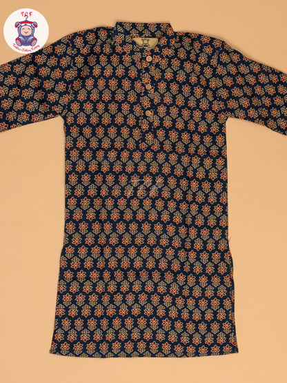 Blue & Brown - Boys Printed Long  Kurta