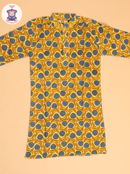 Yellow & Blue - Boys Printed Long  Kurta