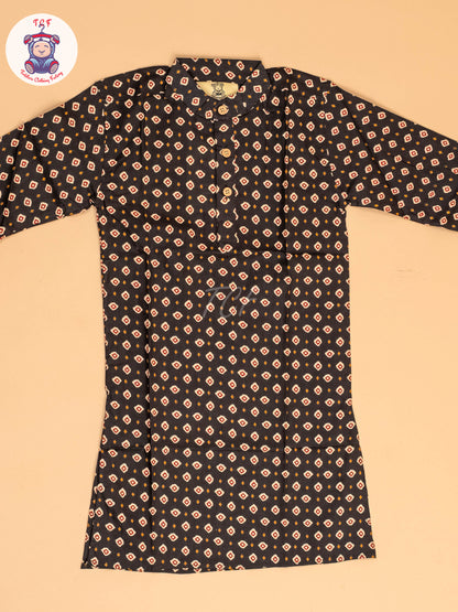 Black - Boys Printed Long  Kurta