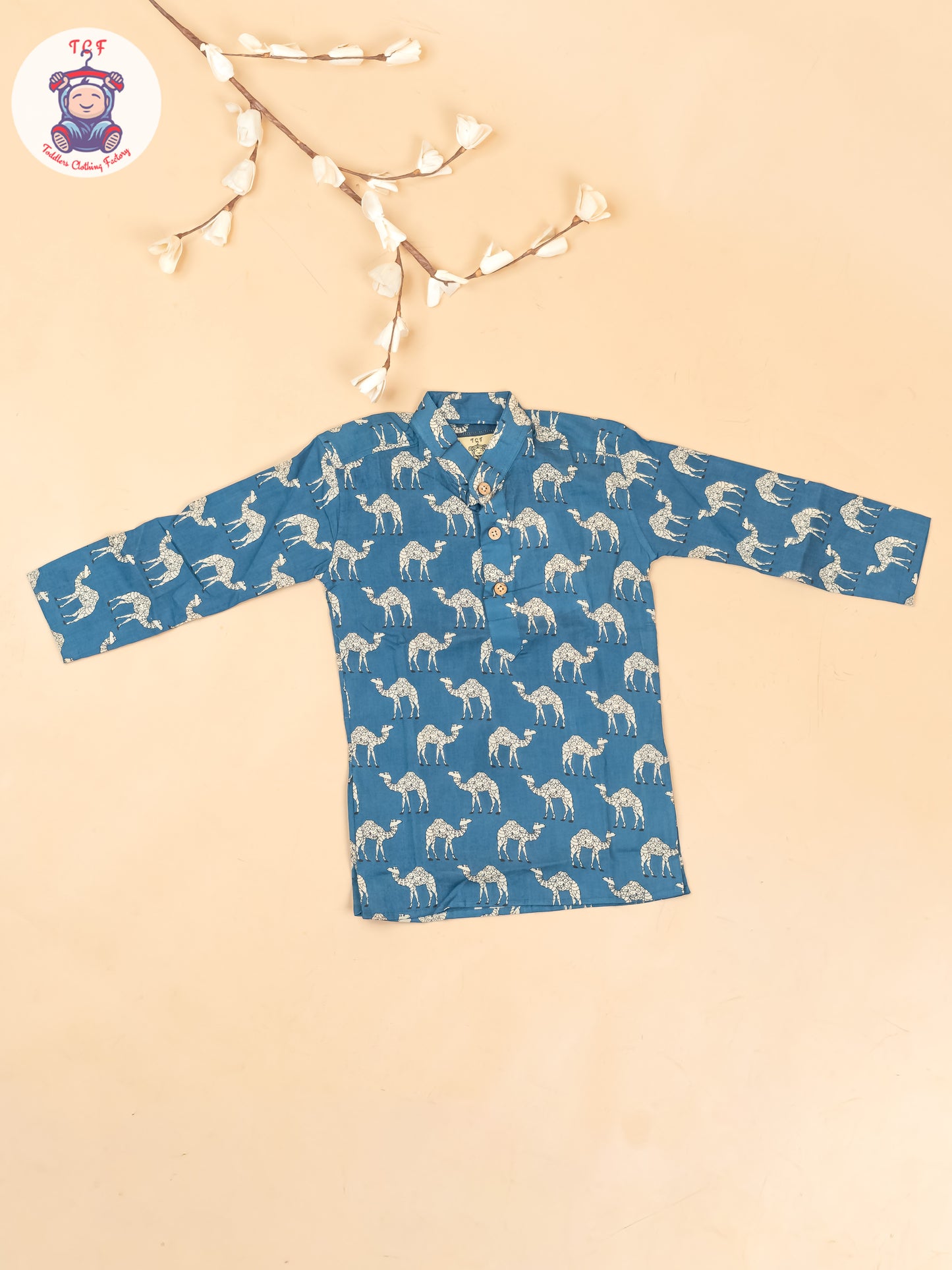 Peacock Blue -  Boys Camel Printed Long Kurta