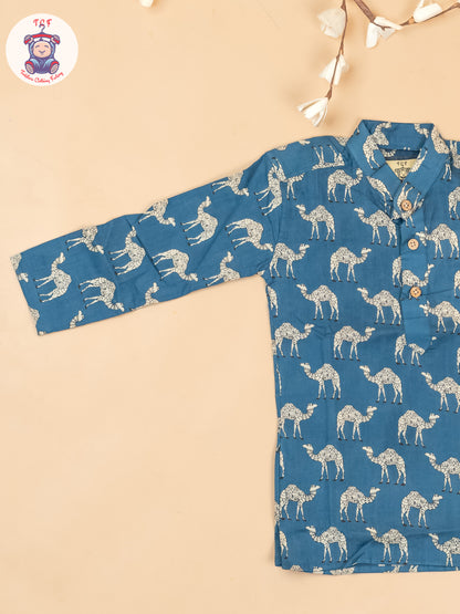 Peacock Blue -  Boys Camel Printed Long Kurta