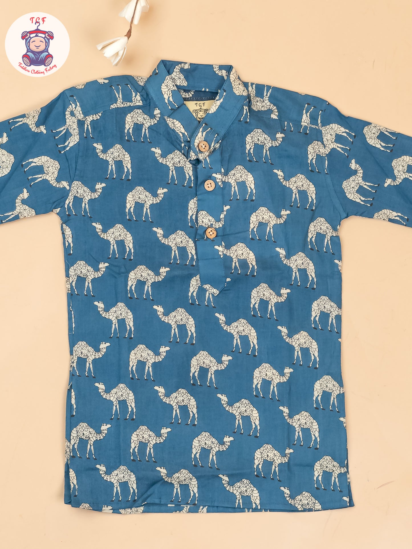 Peacock Blue -  Boys Camel Printed Long Kurta