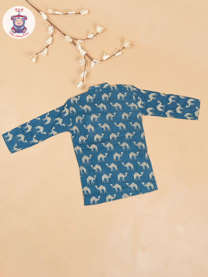 Peacock Blue -  Boys Camel Printed Long Kurta