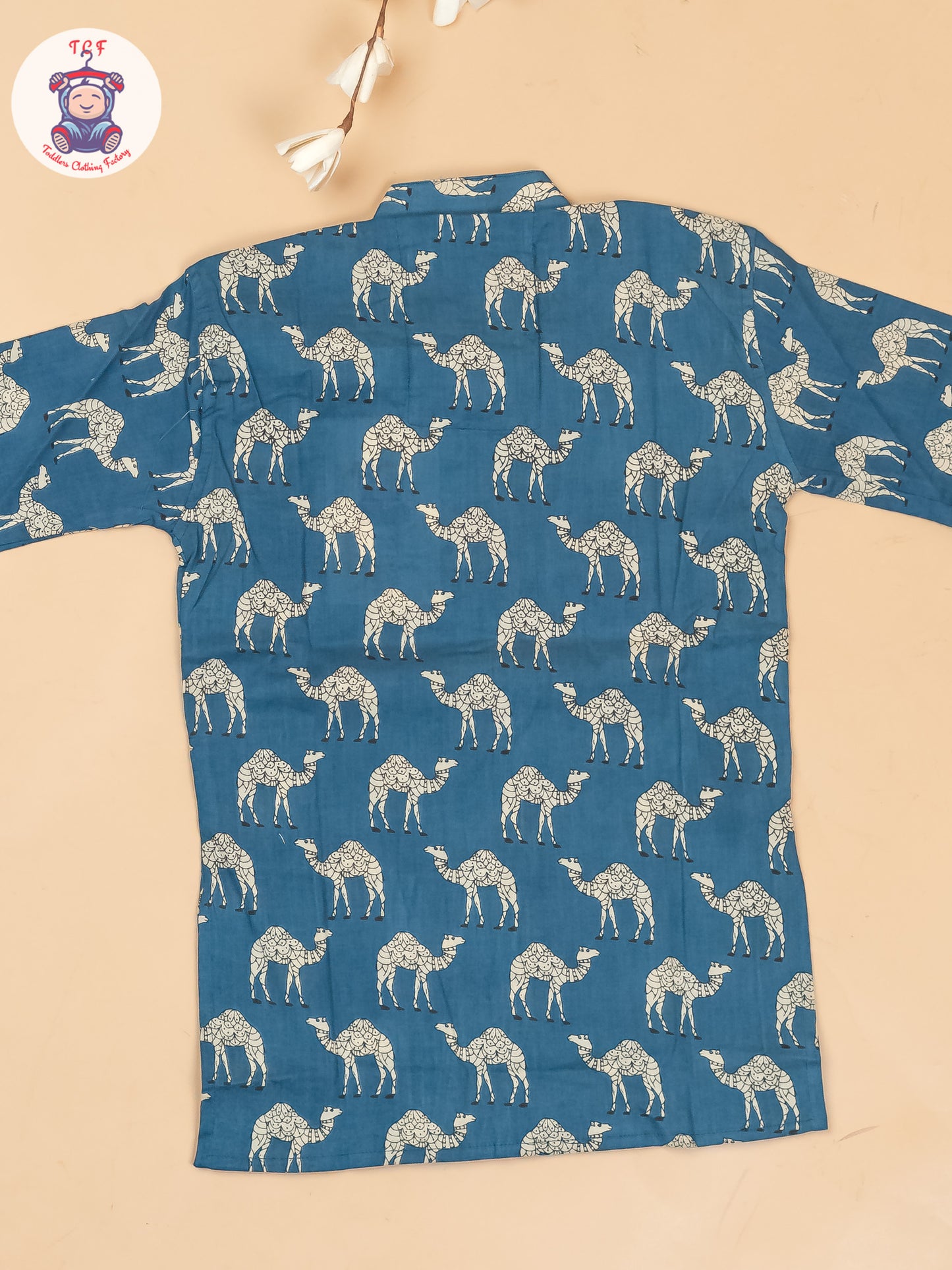 Peacock Blue -  Boys Camel Printed Long Kurta