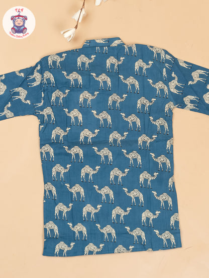 Peacock Blue -  Boys Camel Printed Long Kurta