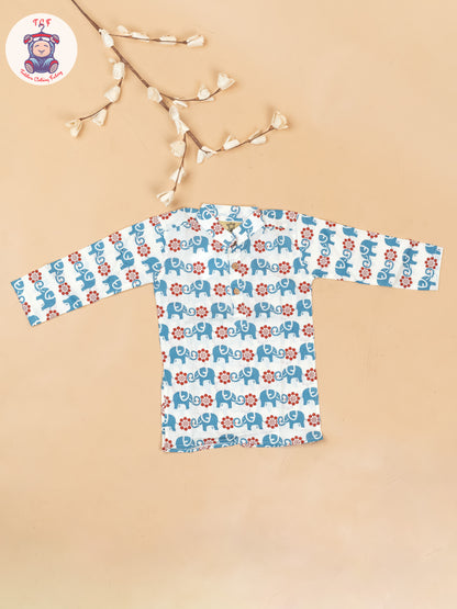 White & Maroon - Boys Elephant Printed Long Kurta