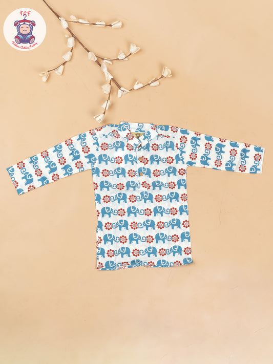 White & Maroon - Boys Elephant Printed Long Kurta