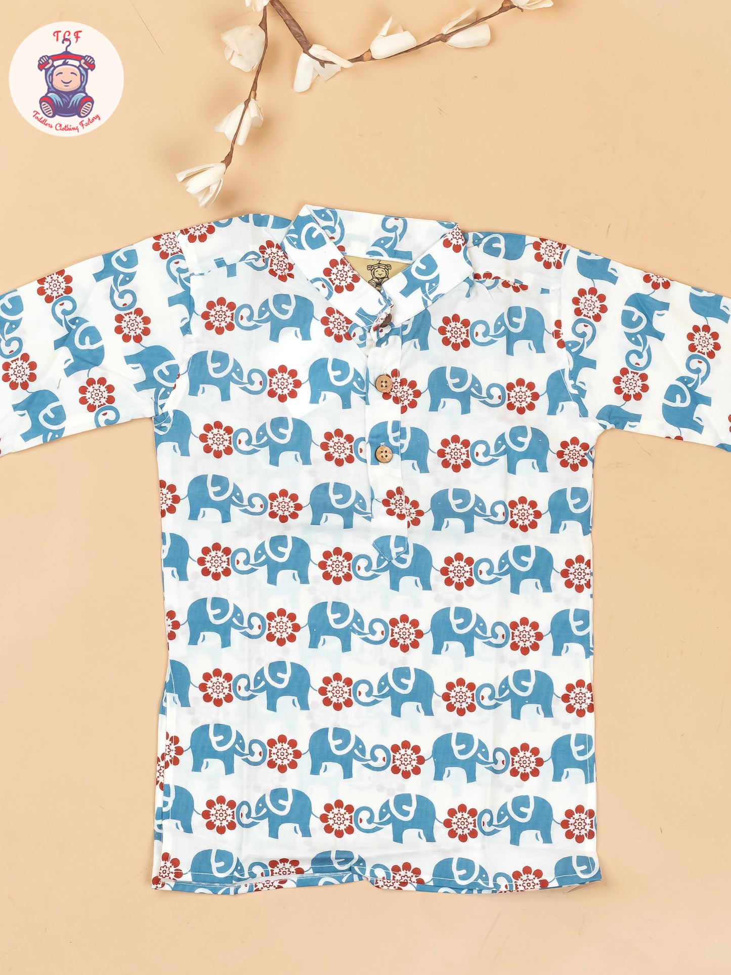 White & Maroon - Boys Elephant Printed Long Kurta