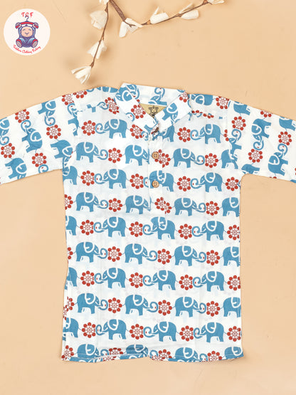 White & Maroon - Boys Elephant Printed Long Kurta