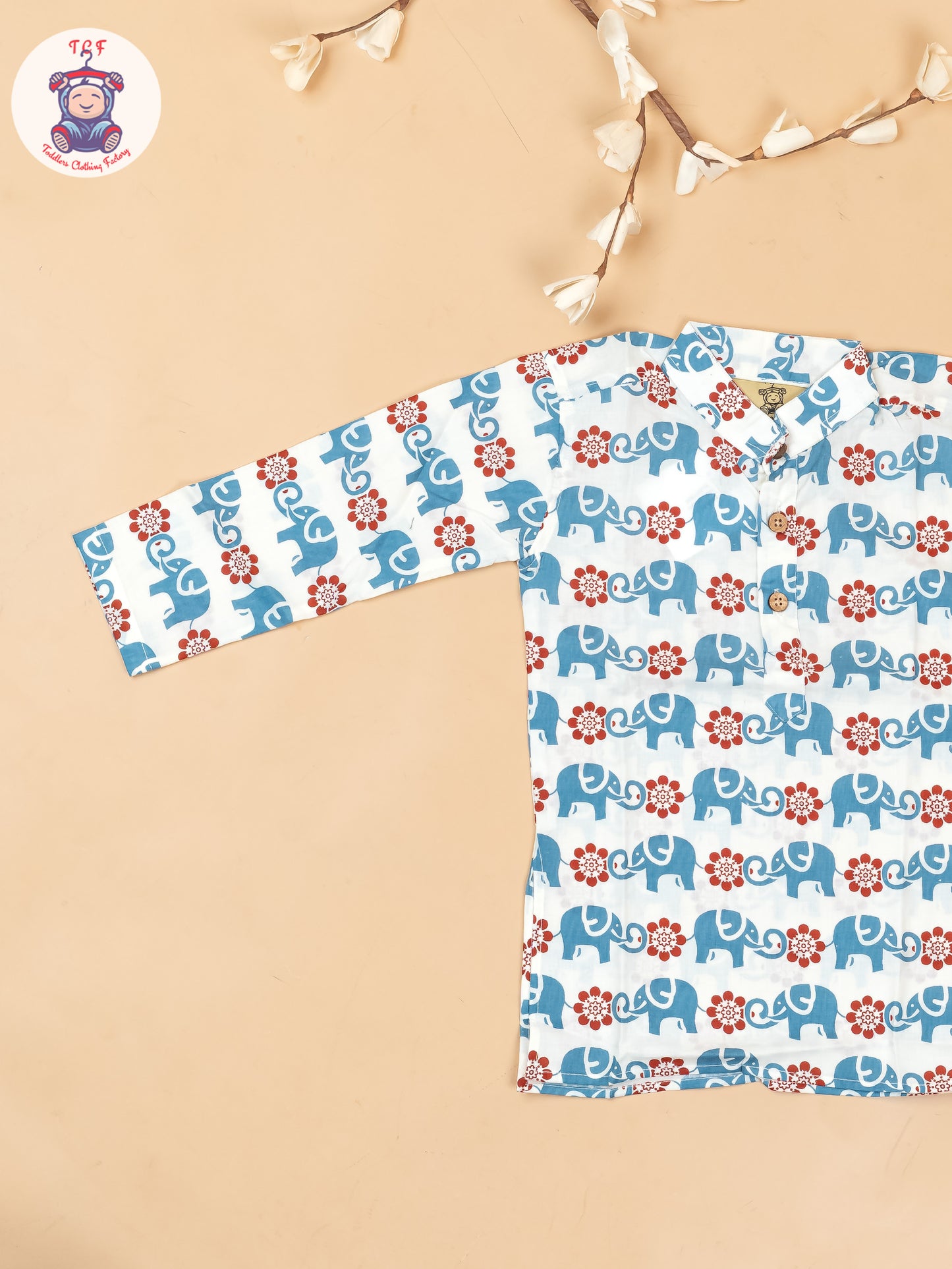 White & Maroon - Boys Elephant Printed Long Kurta