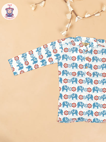 White & Maroon - Boys Elephant Printed Long Kurta