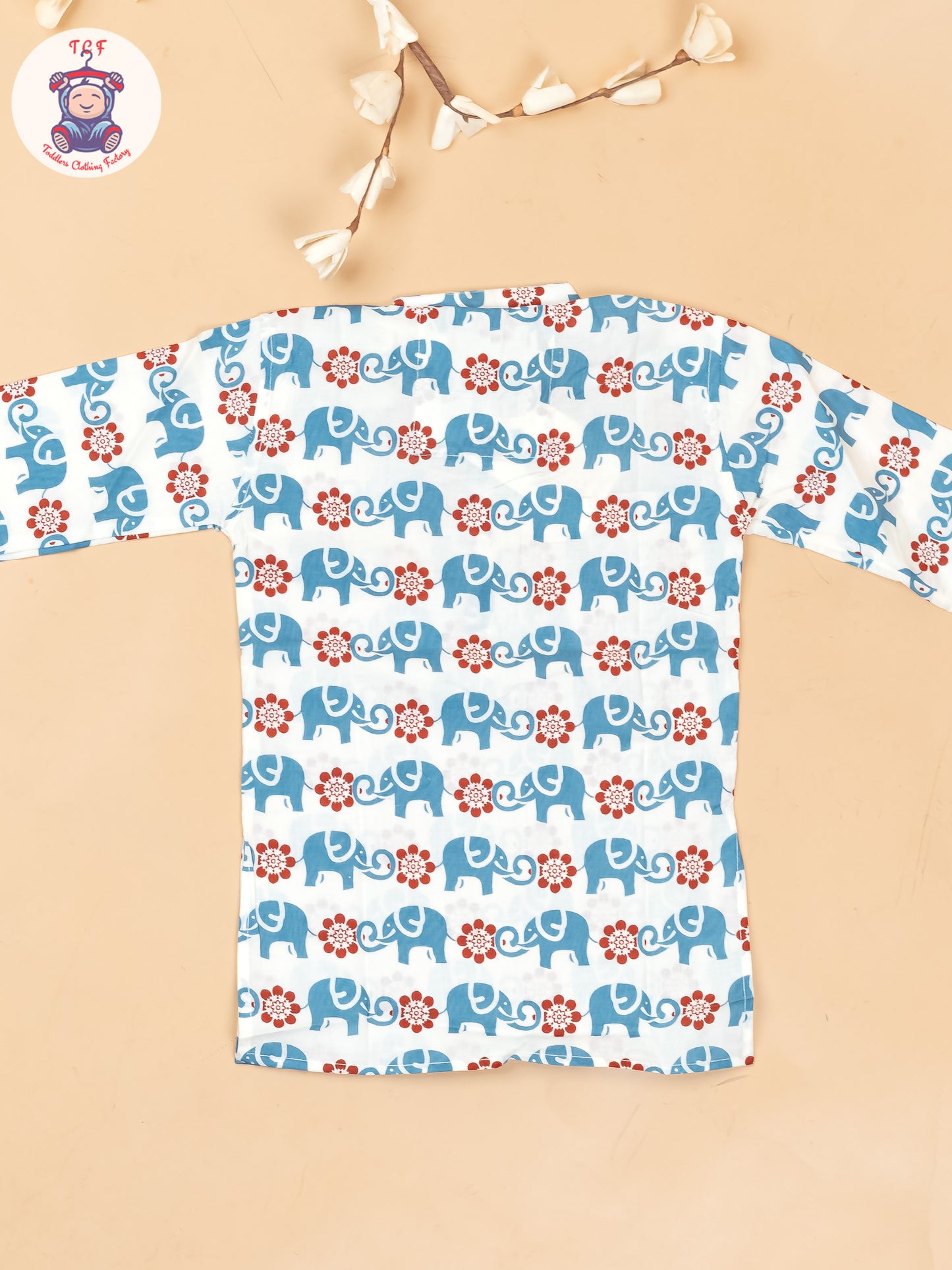White & Maroon - Boys Elephant Printed Long Kurta