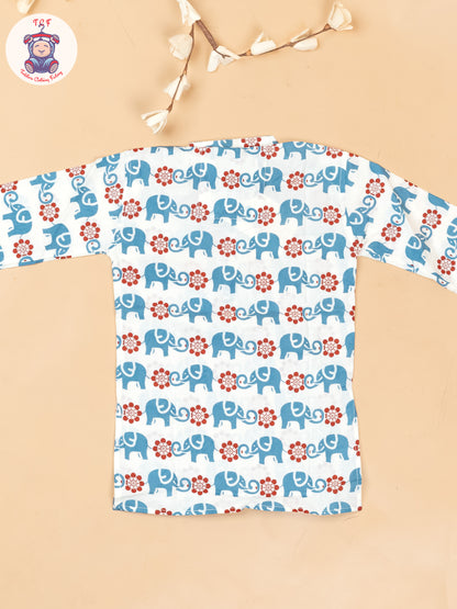 White & Maroon - Boys Elephant Printed Long Kurta
