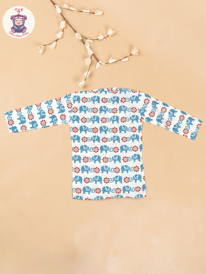 White & Maroon - Boys Elephant Printed Long Kurta