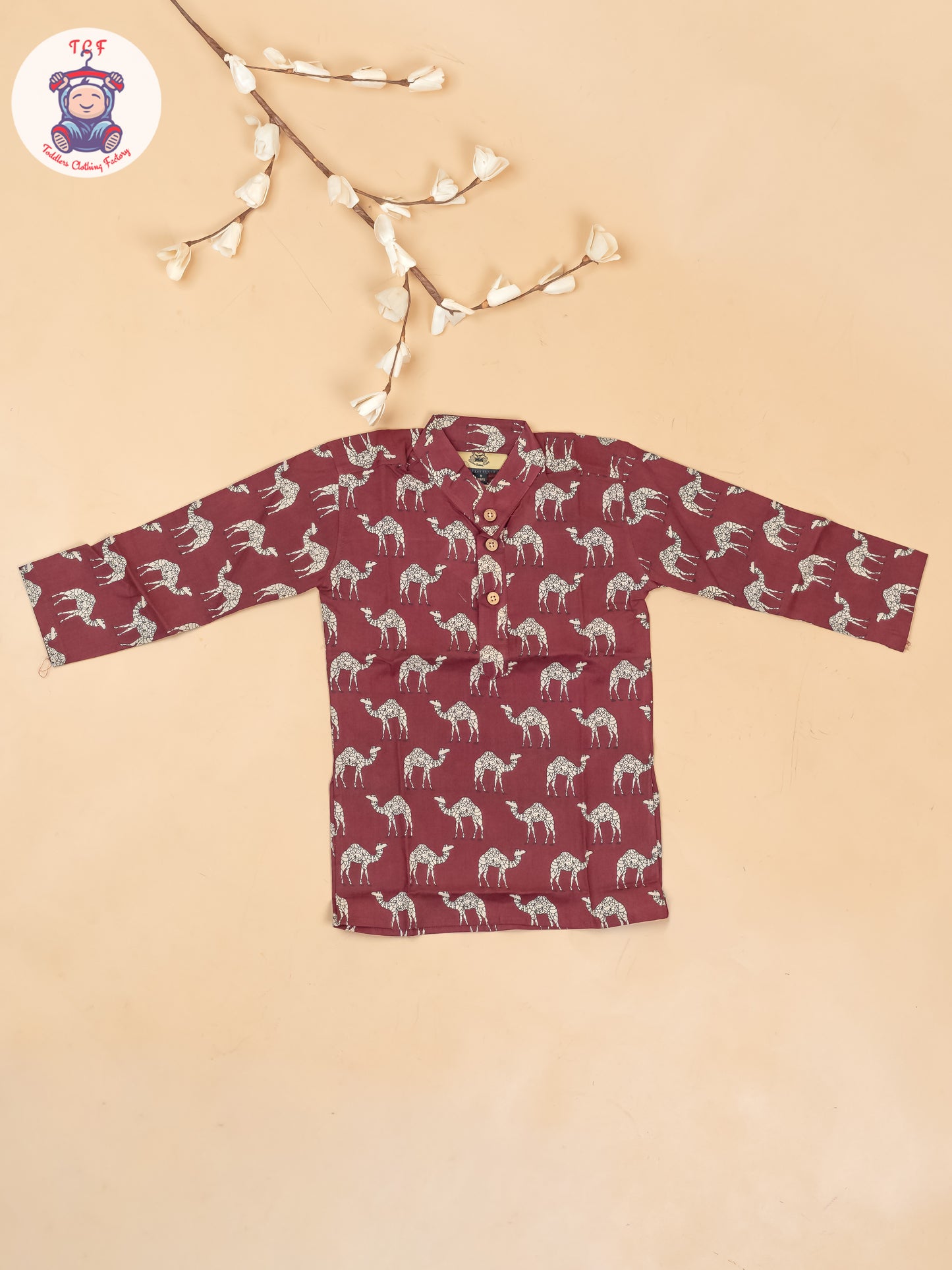 Maroon -  Boys Camel Printed Long Kurta
